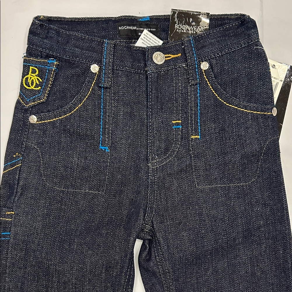 Rocawear Dark Denim Jeans with Yellow and Blue Stitching - Picture 2 of 12